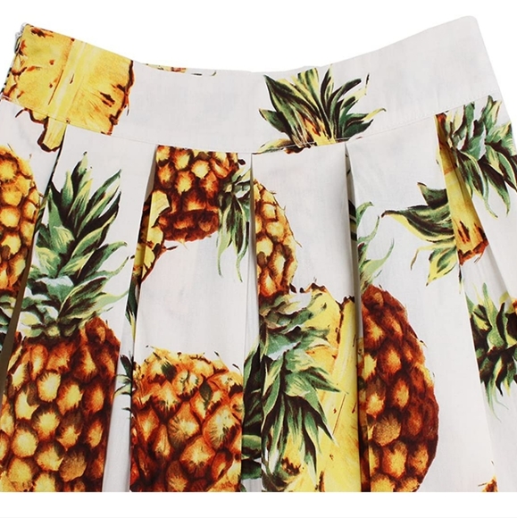 Vintage A-line Printed Pineapple Pleated Flared Midi Skirts - Picture 2 of 4